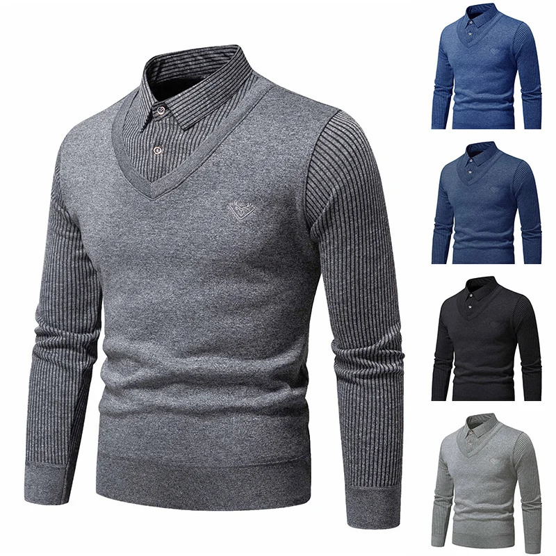 Autumn and winter mens twopiece sweater wool slim fit polo neck knitted bottom thick warm 241115