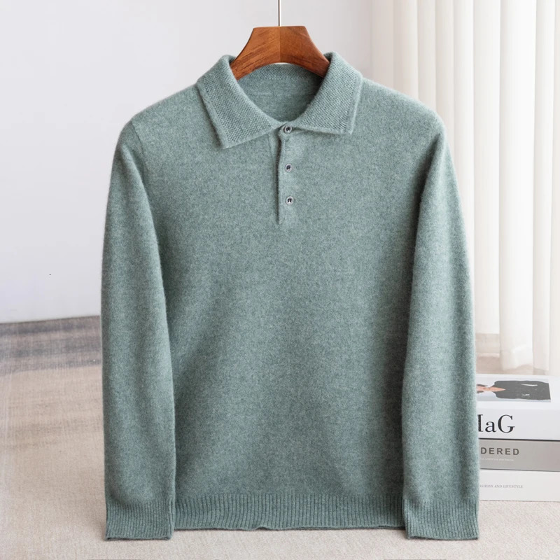 100% Australian wool mens lapel long sleeved polo neck sweater loose top casual knit bottom sweater 241112 - view 5