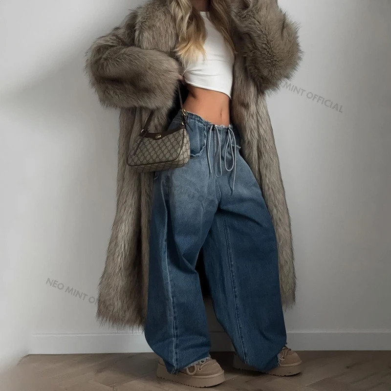 Neo Mint Mob Wife Aesthetic Long Faux Fur Coat Women Winter 2024 Fluffy Gradient Fox Fur Jacket Female Furry Overcoat 241115