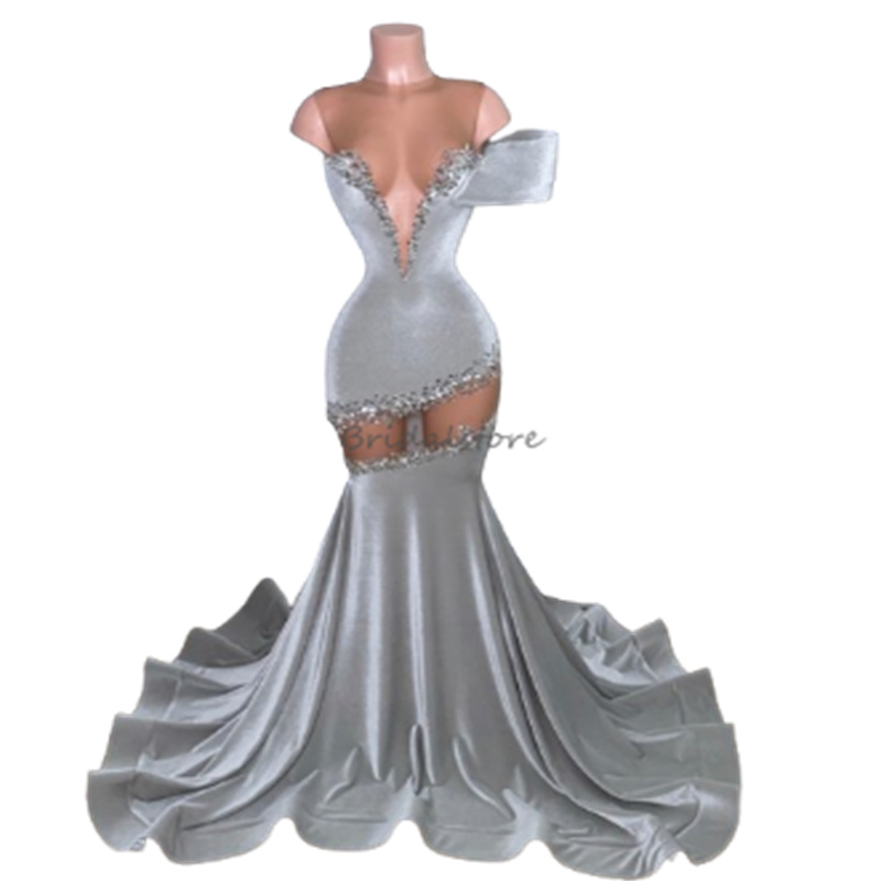Chic Silver Prom Dresses For Black Women See Through Neck Mermaid Velvet Evening Gowns 2024 Beaded Aso Ebi Dance Birthday Party Dress Formal Gown Vest