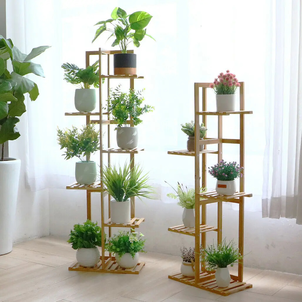 Bamboo 5 / 6 Tier Plant Stand Rack Multiple Flower Pot Holder Shelf Indoor Outdoor Planter Display Shelving Unit for Patio 240415