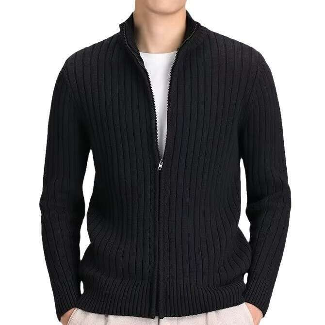 Stand Up Collar Knitted Cardigan Korean Version Slim Fit Jacket Men's Workplace Autumn And Winter Warm Woolen Sweater Gentleman Style