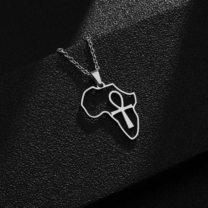 10PCS Africa Map with Anhe Egyptian Cross Necklace African Religious Amulet Pendant Ankh Crucifix Necklaces Stainless Steel Symbol of Life Cross Egypt