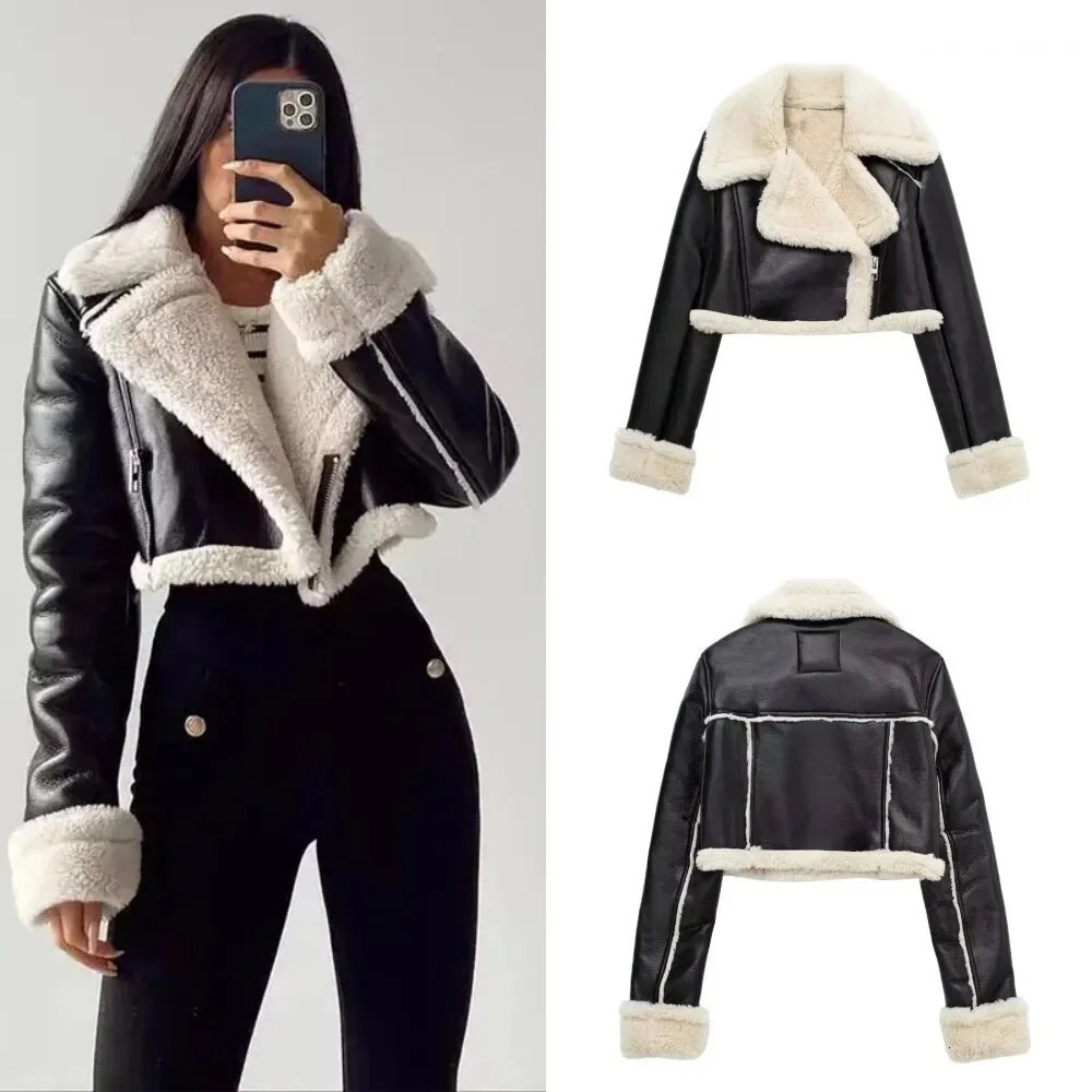 Womens Cropped Leather Jacket Coat Black Wool Blends Coats Bomber Tweed Jacket Autumn Winter Leather and Fur Crop Jacket 241114
