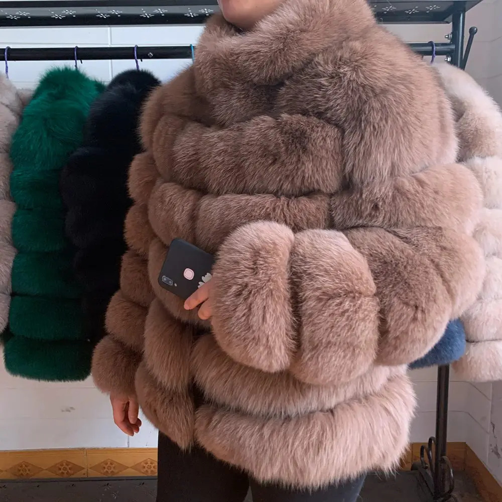 Women Short Furry Real Fur Winter Coat Plus Size Stand Collar Long Sleeve Real Fox Fur Coat Spring Fashion Party Jacket Overcoat 241115