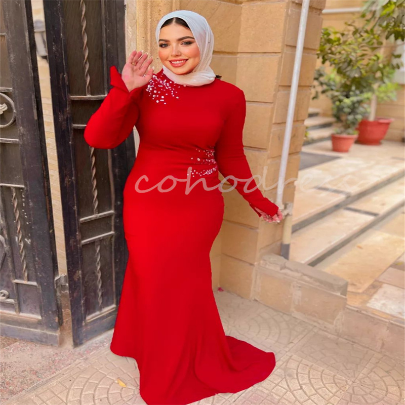 Red Arabia Evening Dresses With Beaded Long Sleeve Mermaid Satin Prom Dress Elegant Engagement Formal Occasion Party Gowns Second Party Reception Dres