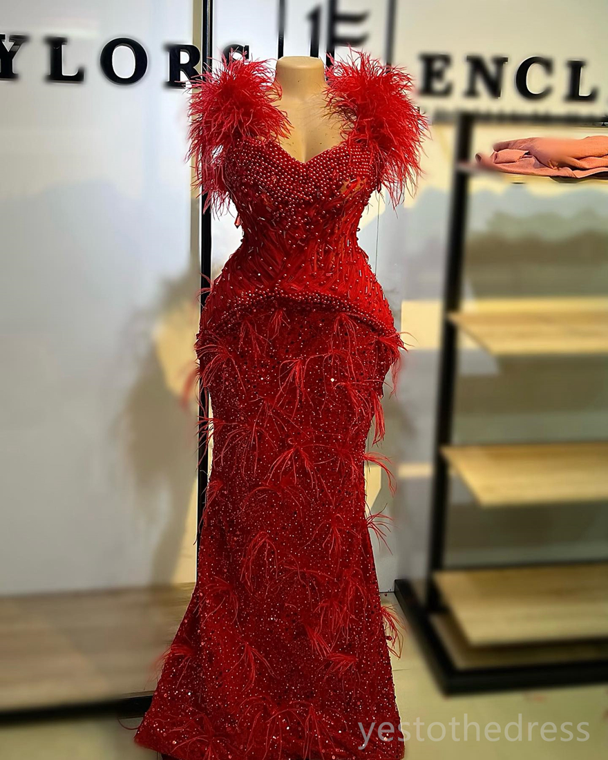 2024 Plus Size Prom Dresses for Black Women Red Feathered Sequined Lace Beaded Formal Dress Pearls Crystals Decorated Birthday Dress Second Reception 