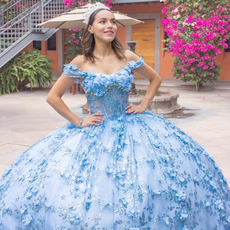Sky Blue Shiny Quinceanera Dresses Off The Shoulder Sequin Appliques Lace Beads Tull Ball Gown Birthday Formal Party Sweet 16 Dress