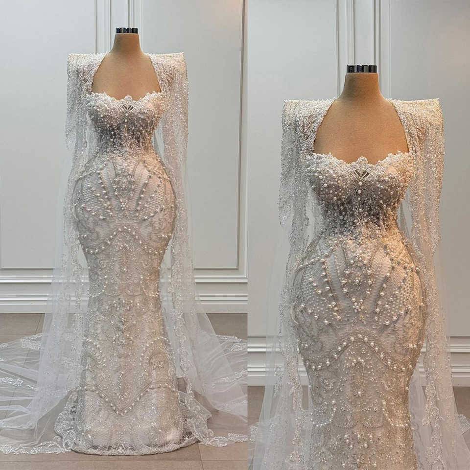 Wedding Dresses Pearls Sequins Bride Gowns With Cape Beaded Long Sleeves Custom Made Mermaid Bridal Or Length Vestido De Novia 0219