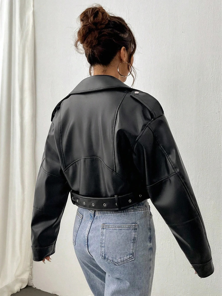 Fitaylor Spring Autumn Casual Women Lapel Zipper Faux PU Leather Jacket Female High Street Motorcycle 241115
