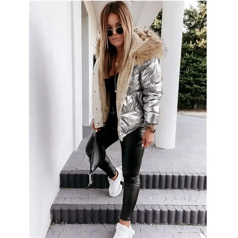 Womens Parkas Winter Hooded Loose Fitting Short Cotton Jacket Solid Color Fashionable Warm Zippered for Women 241115