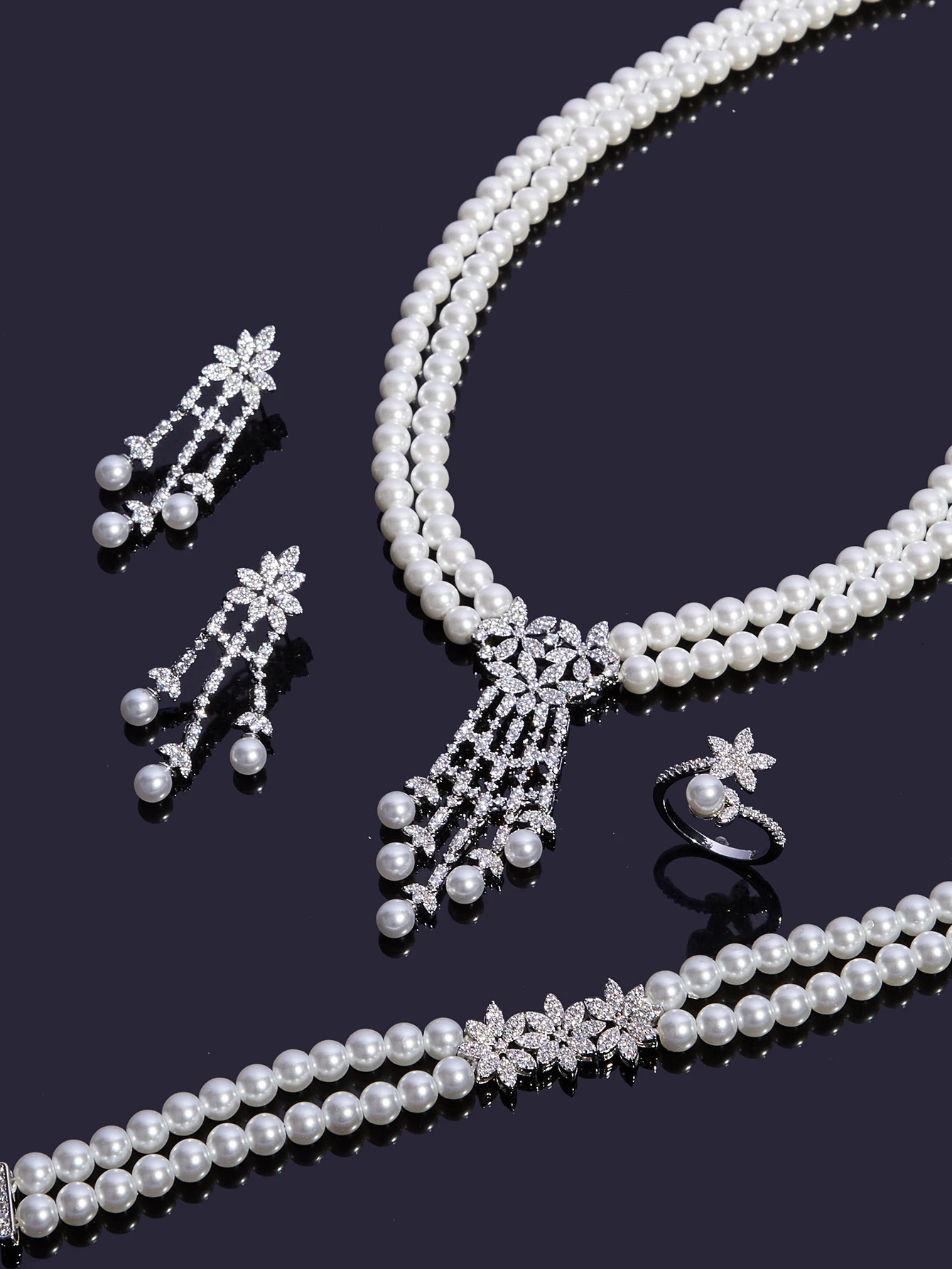 Fashion Pearl Tassel Necklace 4PCS Jewelry Set for Womens Wedding Party All Zircon Dubai Bridal Jewelry Set Gift 241115