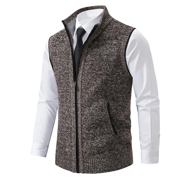 Mens Knitted Sleeveless Sweater Cardigan Zipper Vest Casual Warm Jacket Slim Fit Stand Collar Sweatercoat 241114