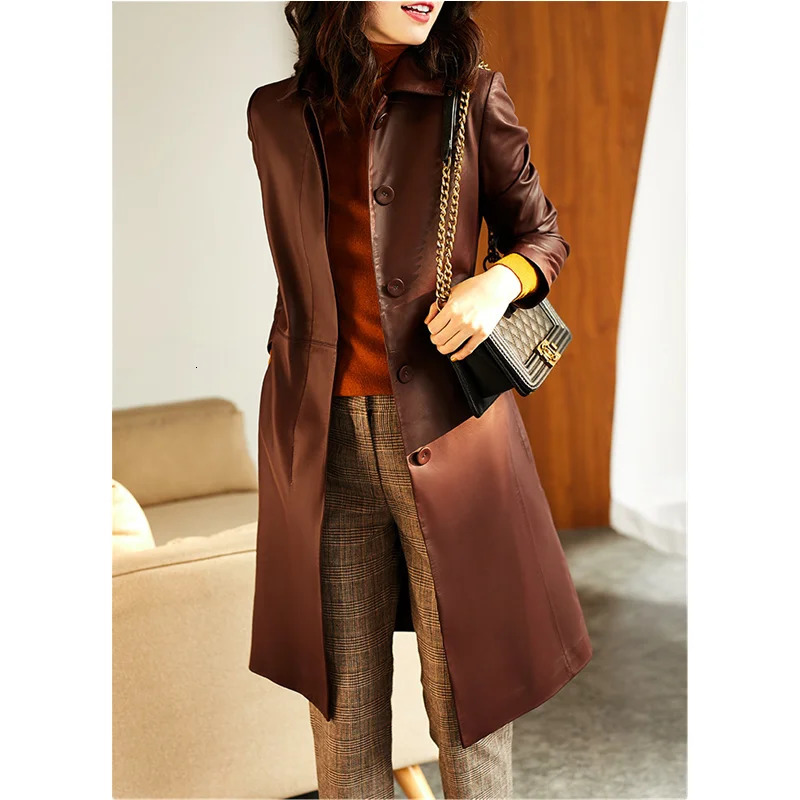 Womens Genuine Leather Coat Lace Up Sheepskin Jacket Long Trench Large Size Tops Spring And Autumn 241115