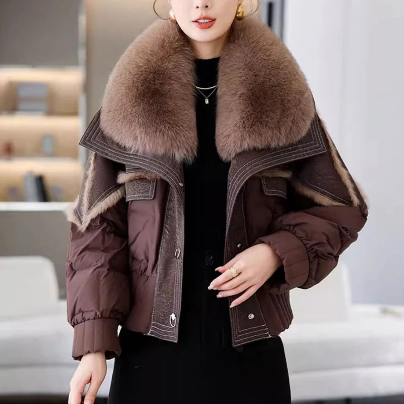 Womens Winter Down Jacket Sheepskin Fabric Fur VNeck Rabbit Lining Coat Women Warm And Fashionable 241115