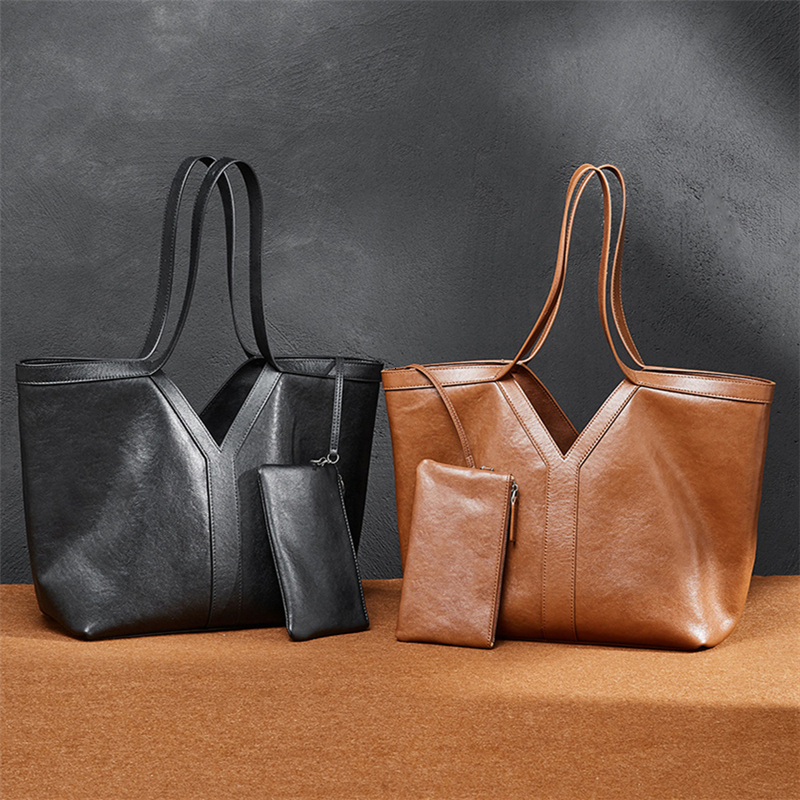 2 Pcs/Set Cow Genuine Leather Large Tote Shoulder Bags For Women Winter Designer Commuter Shopper Ladies Handbags Vintage BagVoyage