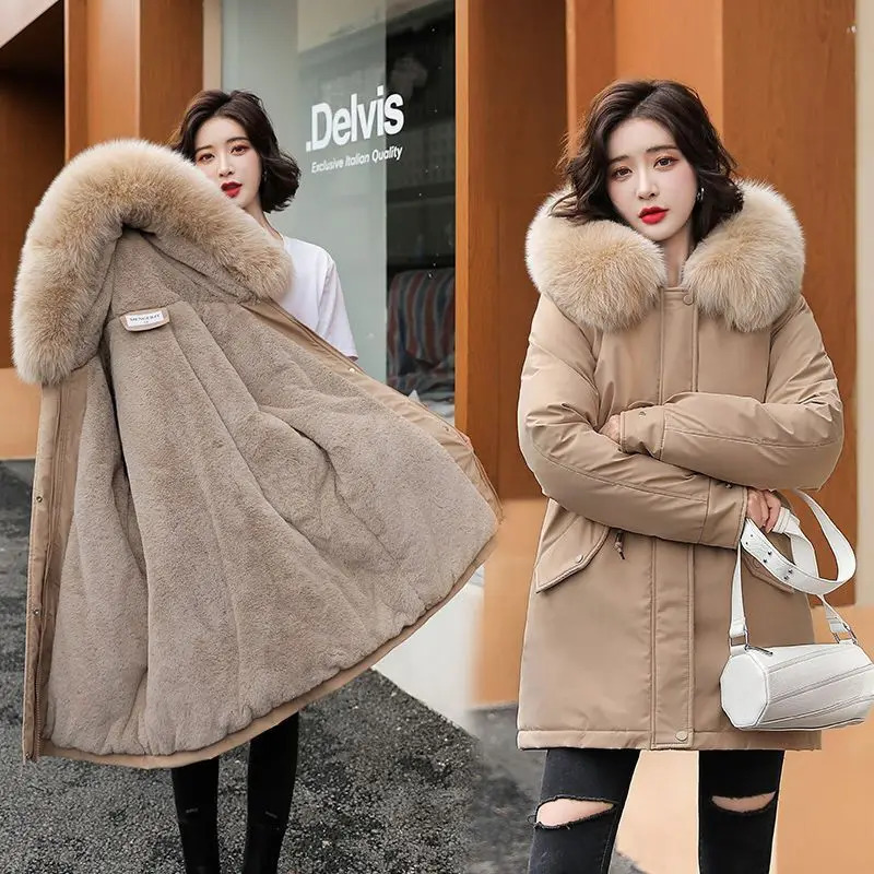 Women Parka Fashion Long Coat Plush Lining Hooded Parkas Winter Jacket Slim With Fur Collar Warm Snow Wear Padded Clothes 241115