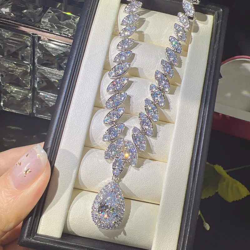 Drip Lab Diamond Jewelry Set 14K White Gold Engagement Wedding Earrings Necklace Female Bride Promise Gift 241115