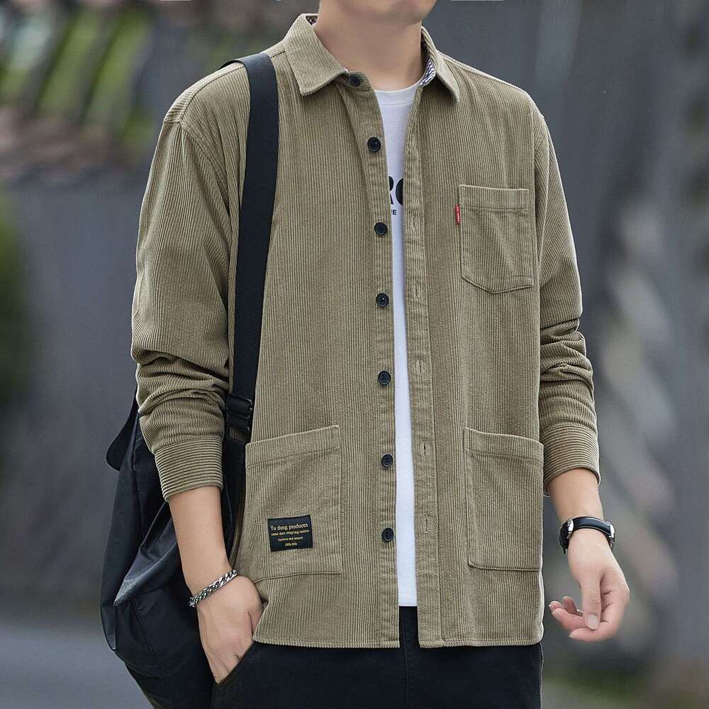 Autumn Pure Cotton Corduroy Long Sleeved Shirt For Men, Casual Workwear Shirt, Loose And Trendy