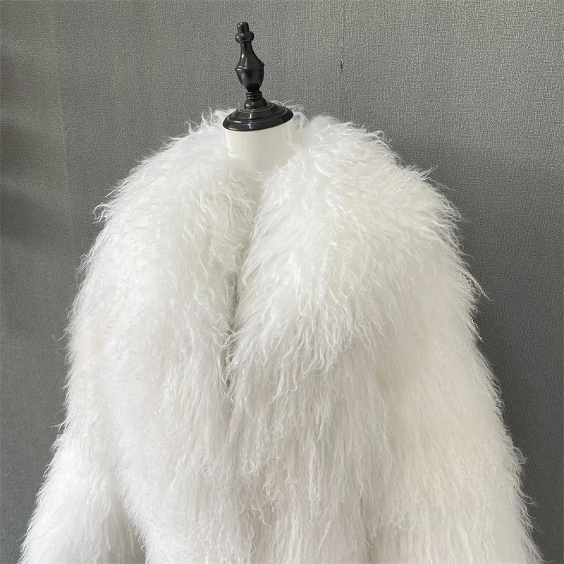 Mongolian Fur Coats lapel Jacket Women Elegant White Fluffy Solid Thicken Warm Long Sleeves Winter Chic Oversize Lady 241115