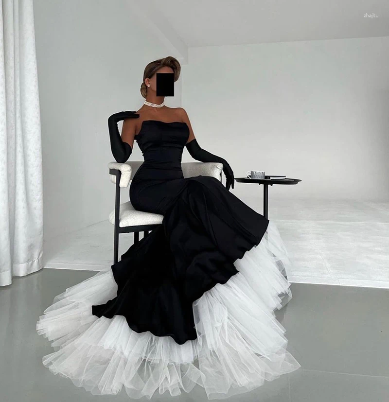 Party Dresses Black Mermaid Arabic Evening Long Sleeves Women Prom Dress Tiered Tulle Formal Pageant Gowns Outfit