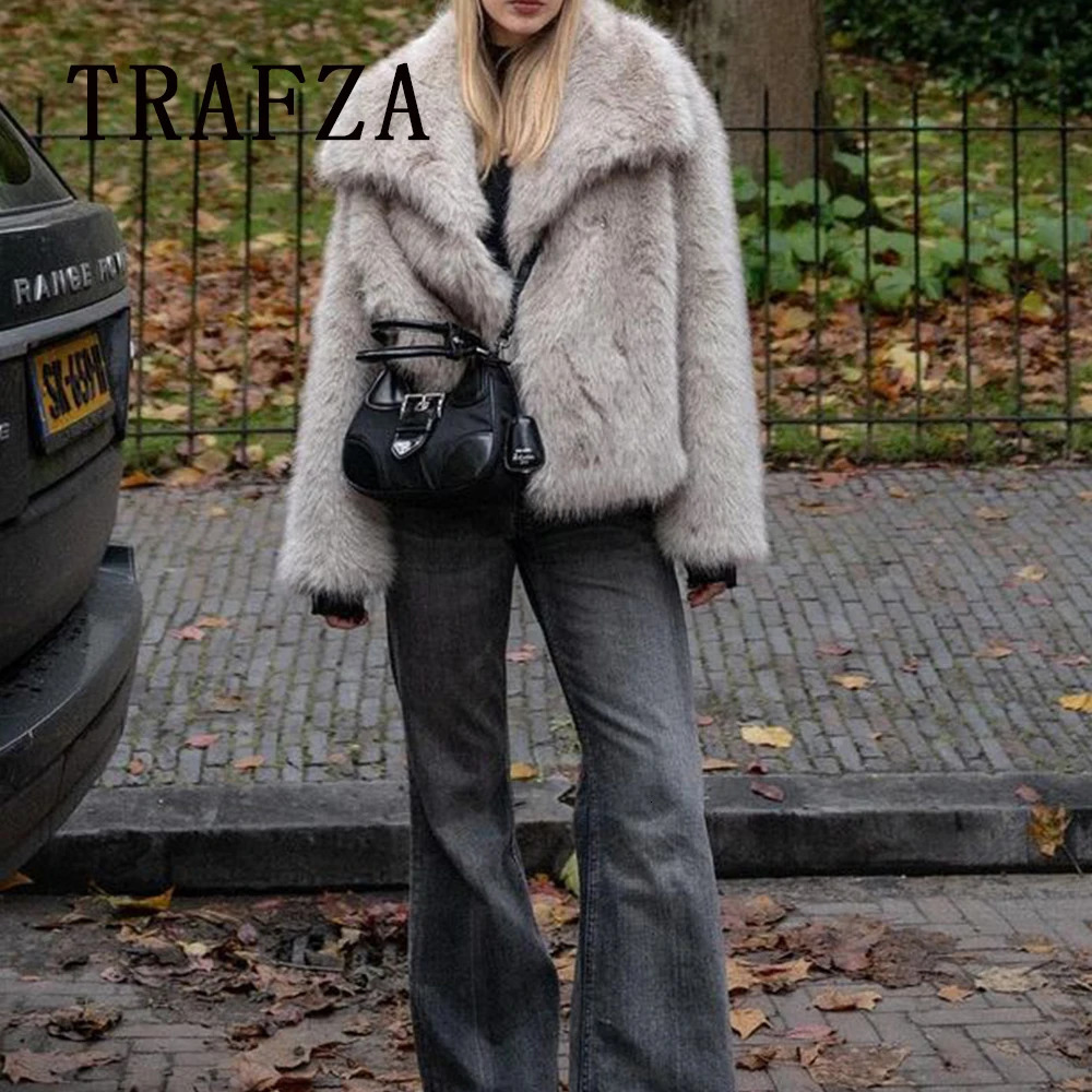 TRAFZA 2024 Autumn Winter Women Casual Faux Fur Jackets Fashion Streetwear Solid Oversized Turn Down Collar Elegant Thick Coats 241115