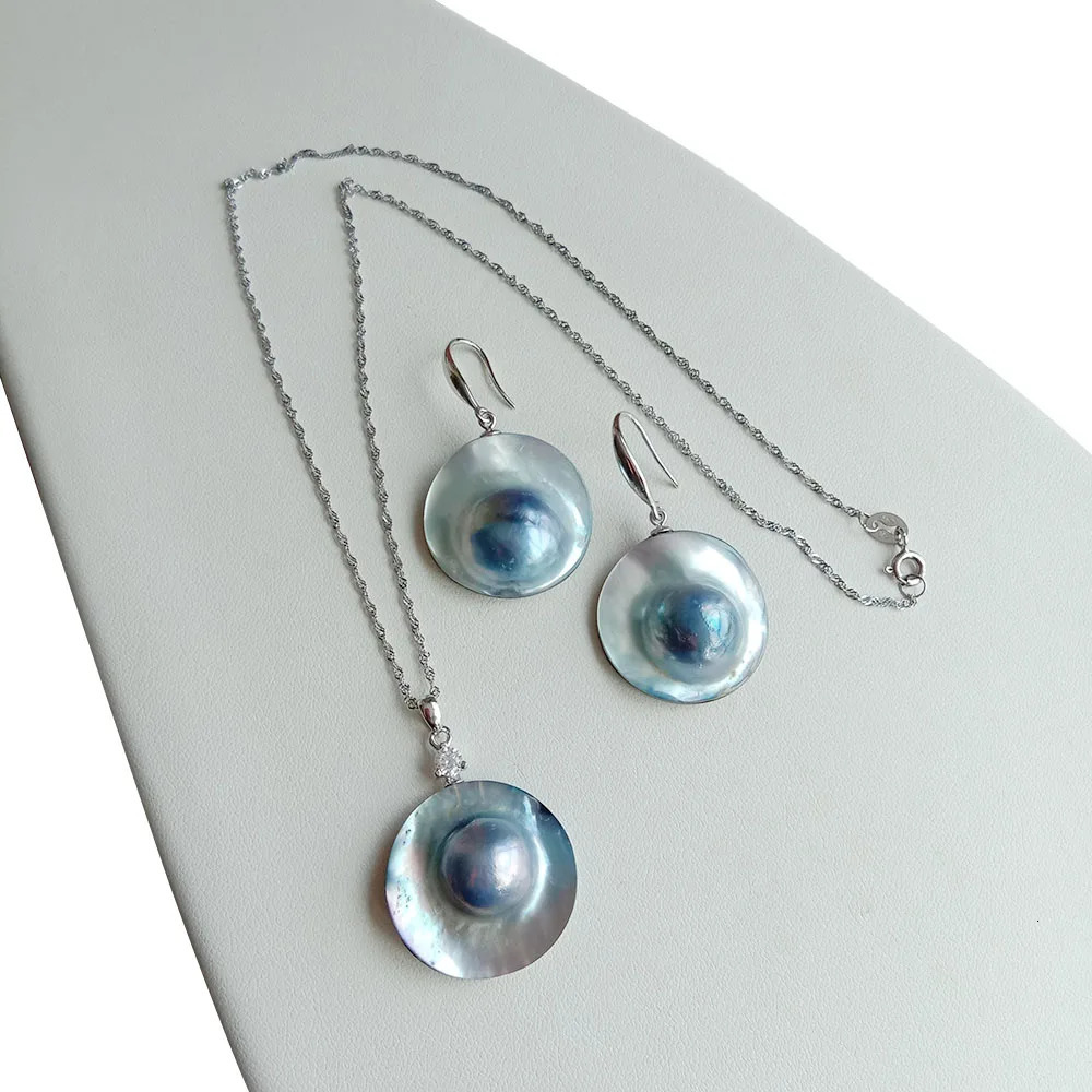 Free delivery natural MABE hat Baroque pearl shaped jewelry set with 100% natural MABE pearls NECKLACE-NICE 925 silver chain and earrings 241115