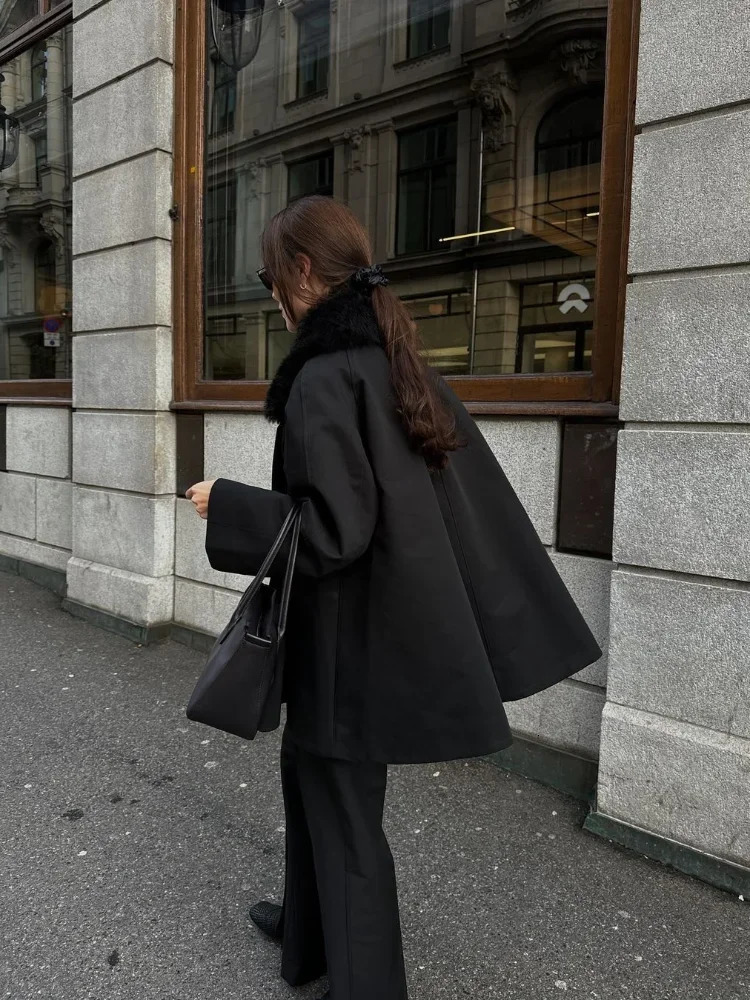 Black Fur Flip Collar Classic Full Sleeve Woman Jacket Elegant Solid Color Single Breasted Coat 2024 Lady Fall Streetwear 241115