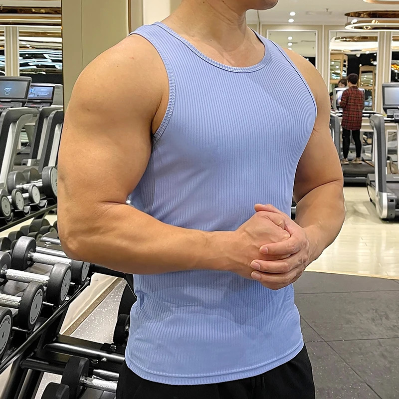 Mens Ribbed Knit Tank Tops Casual Solid Vests Sport Fitness Gym Fashion Skinny Ribber Tanktop Slim Knitted Vest Summer 240415