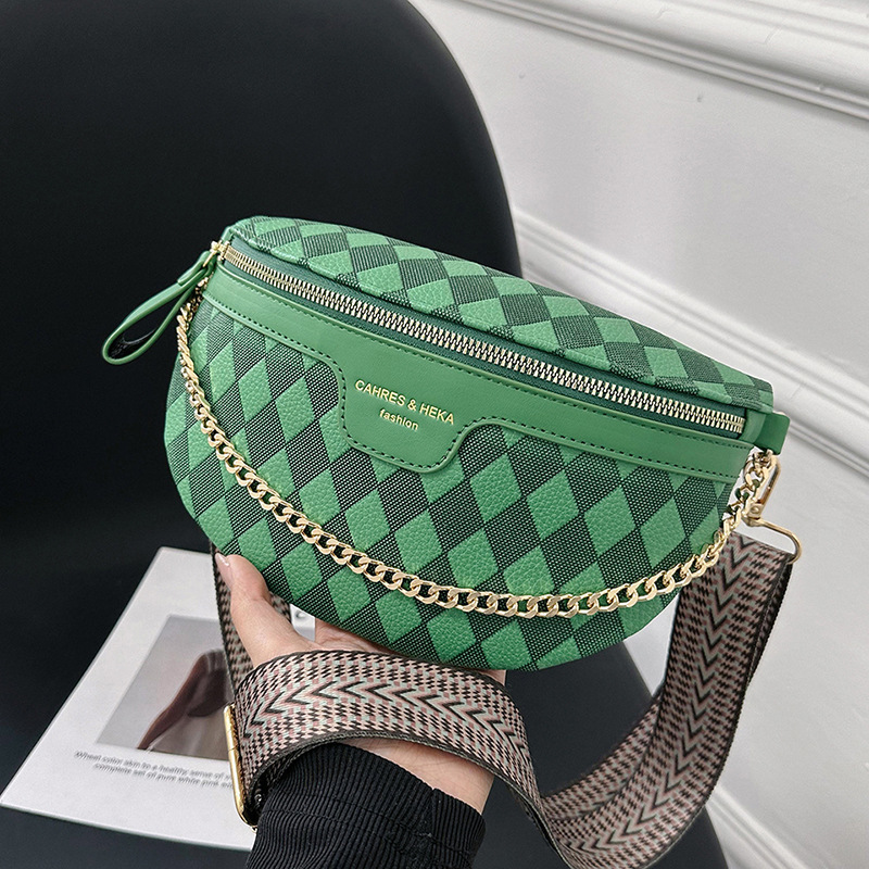 Checkerboard Plaid Fanny Pack for Women hot Fashionable Chain Waist Ladies Wide Strap Crossbody Bag PU and Canvas Brown