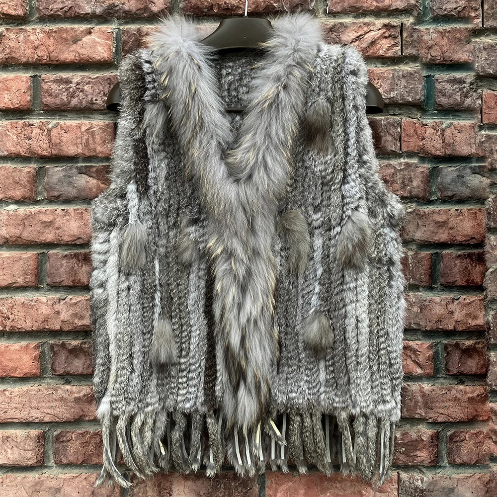 Women Real Fur Vest Tassel Knitted 100Genuine Rabbit Waistcoat Lady Casual Raccoon Collar Sleeveless Coat Factory Sales 241115