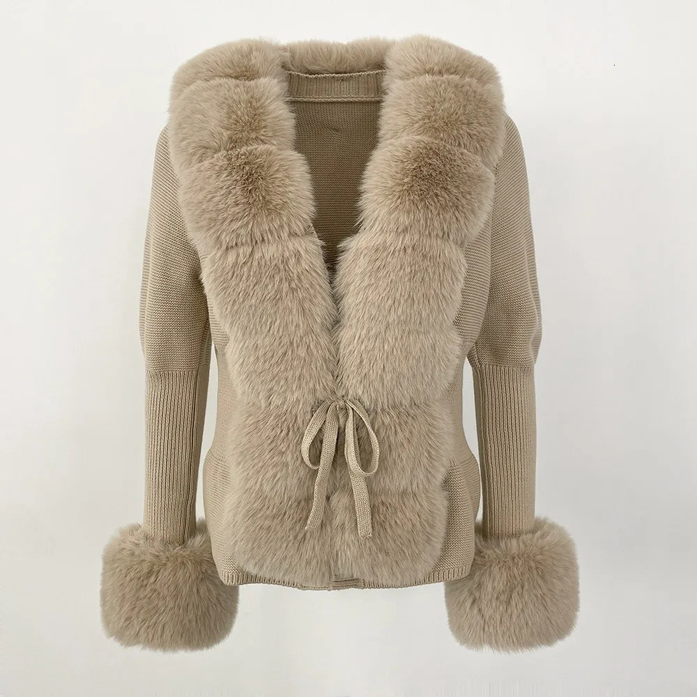 Faux Fur Coat Patchwork Knit Sweater Bandage Fur Cardigan Detachable Collar Jacket Autumnwinter Womens Faux Fur Coat 241115