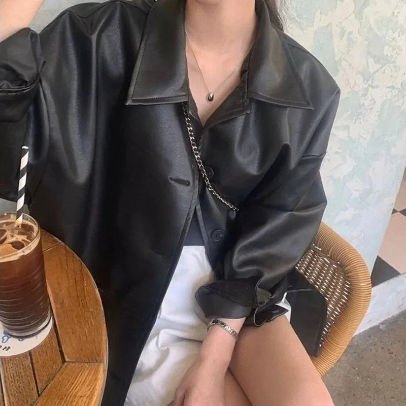 Korean Pu Leather Soft Black Jackets Long Sleeve Waterproof Coats Streetwear Retro Oversized Turn Down Collar Suits For Women 241115