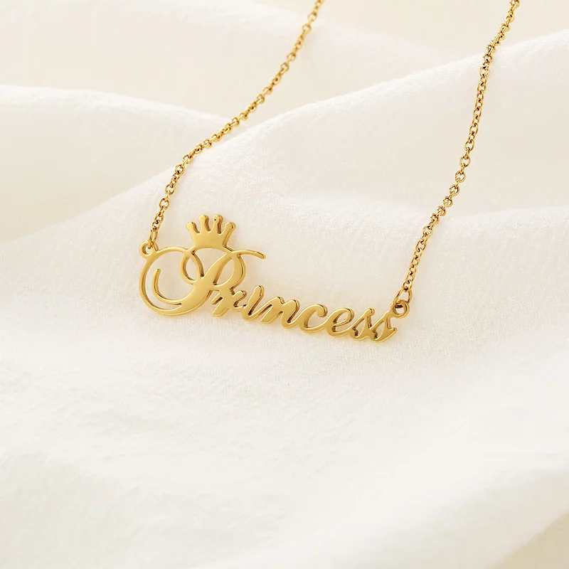 10PCS Cute Cursive Letter Crown Princess Necklace for Babygirls Script Dear Little Princess Stainless Steel Clavicle Choker for Women Female Girl Chai