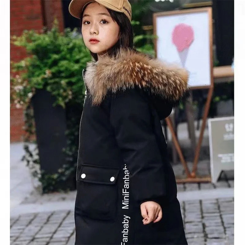 Winter Girl Child Jacket Big Kids Thick Warm Long Coats Hooded Fur Collar Heavy Cotton Outerwear Children Cold Parka Snowsuit 241115