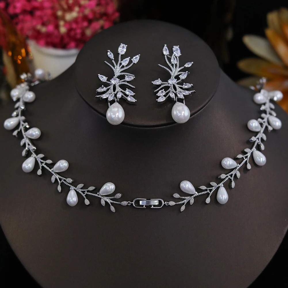 white cubic zirconia pearl necklace and earrings wedding party jewelry set for women Envio Gratis Todo X0470 241115