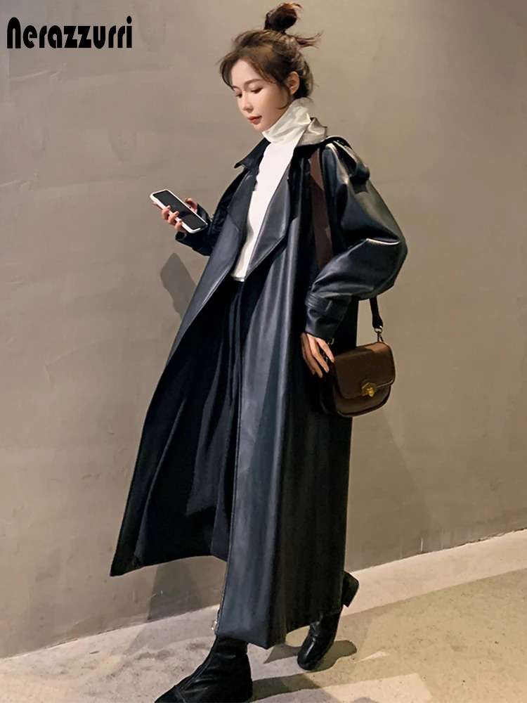 Nerazzurri Spring Black Oversized Long Waterproof Leather Trench Coat for Women Sleeve Loose Korean Fashion Clothing 241115
