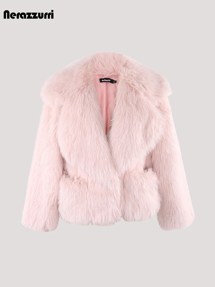 Nerazzurri Winter Short Loose Casual Hairy Soft Thick Warm Pink Faux Fur Coat Women with Big Collar and Pockets Fluffy Jacket 241115