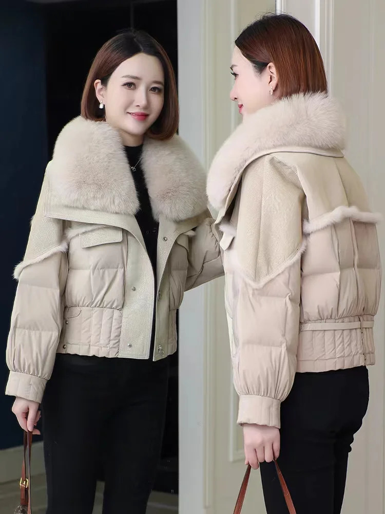 Womens down jacket 2024 winter 100 natural fur collar Short sheepskin fabric Equipped with rabbit inner lining coat 241115