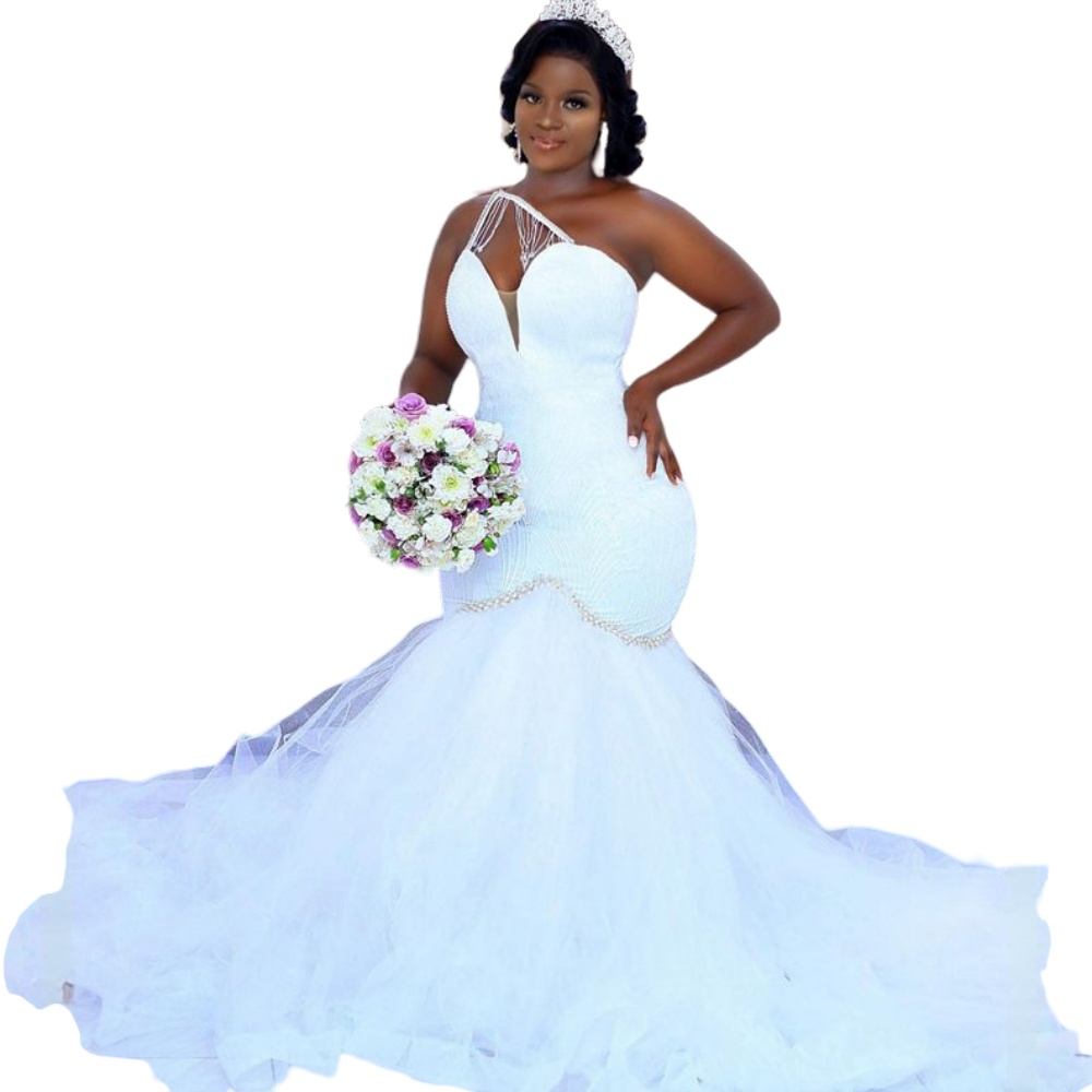 Arabic Mermaid Wedding Dresses One Shoulder Illusion Crystal Beads Sleeveless Bridal Gowns Plus Size Zipper Back