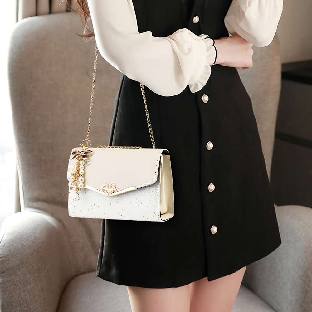 Fashion Polka Dot Beige PU Shoulder Bag Tassel Charm, Urban Themed Flap-Over Crossbody with Buckle Closure and Metal Chain Strap, Lightweight Portable