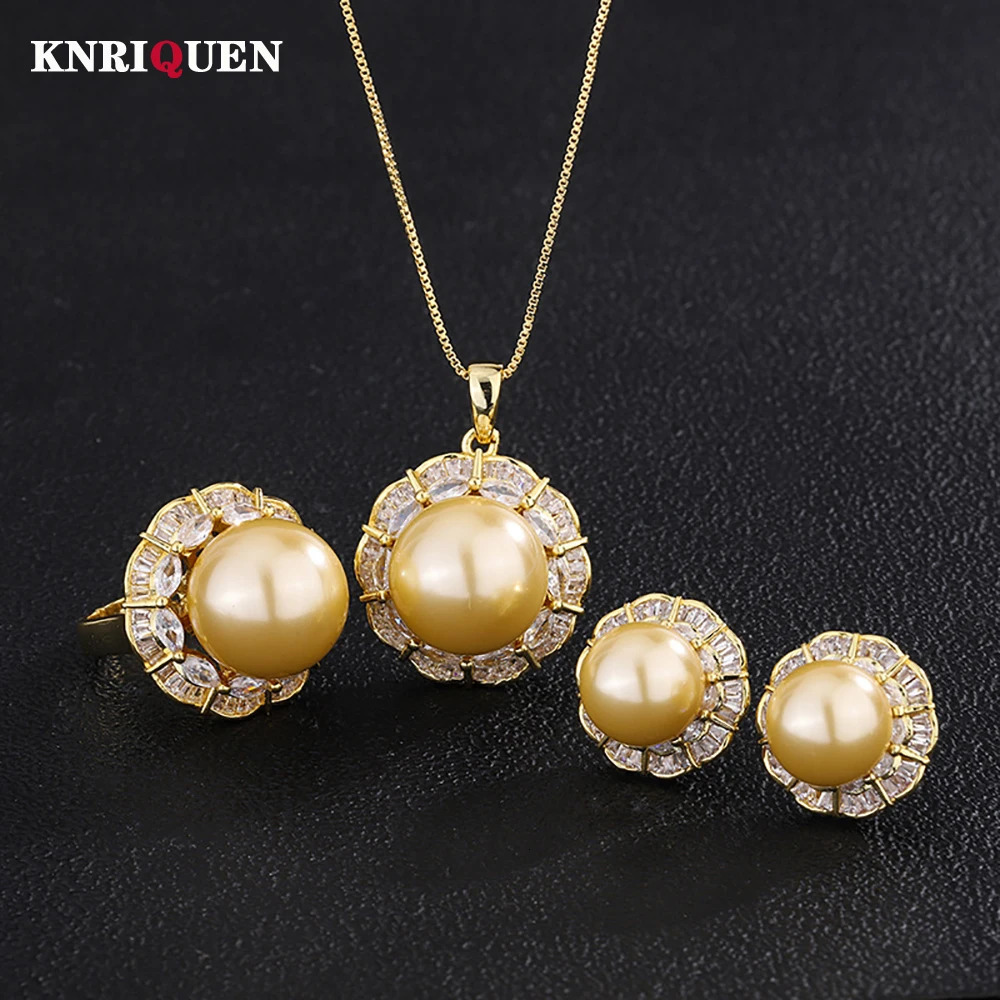 12-16mm light gold pearl laboratory diamond pendant necklace ring earrings womens party jewelry set elegant birthday gift 241115