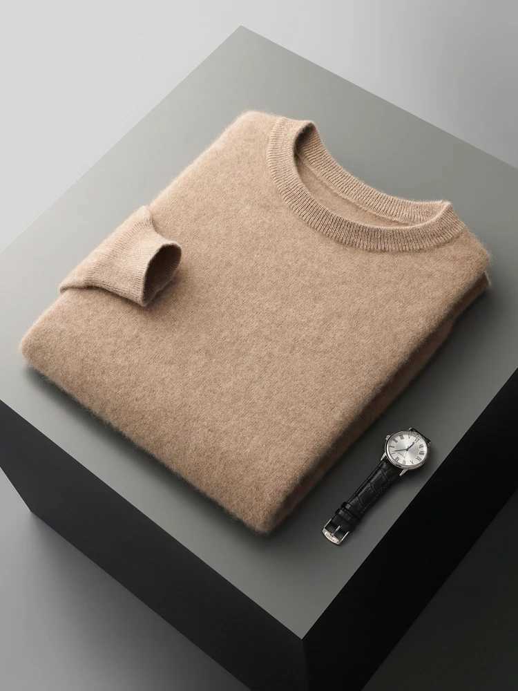 100% Merino Wool Mens O-Neck Long Slve Pullover Sweater Spring Autumn Smart Casual Pure Color Jumper Cashmere Knitwear TopsC241114