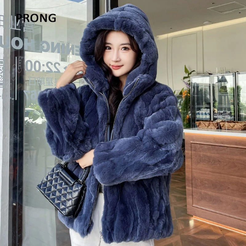 100 Real Rabbit Fur Coat Women Winter Loose Hooded Zipper Natural Fur Jacket Thick Warm Woman Clothing Female Furry Outerwears 241115