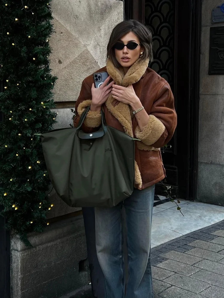 Fashion Splicing Big Lapel Warm Jackets Woman Single Breasted Long Sleeve Sherpa Coat Fall Winter Lady Street Thicken Outerwear 241114