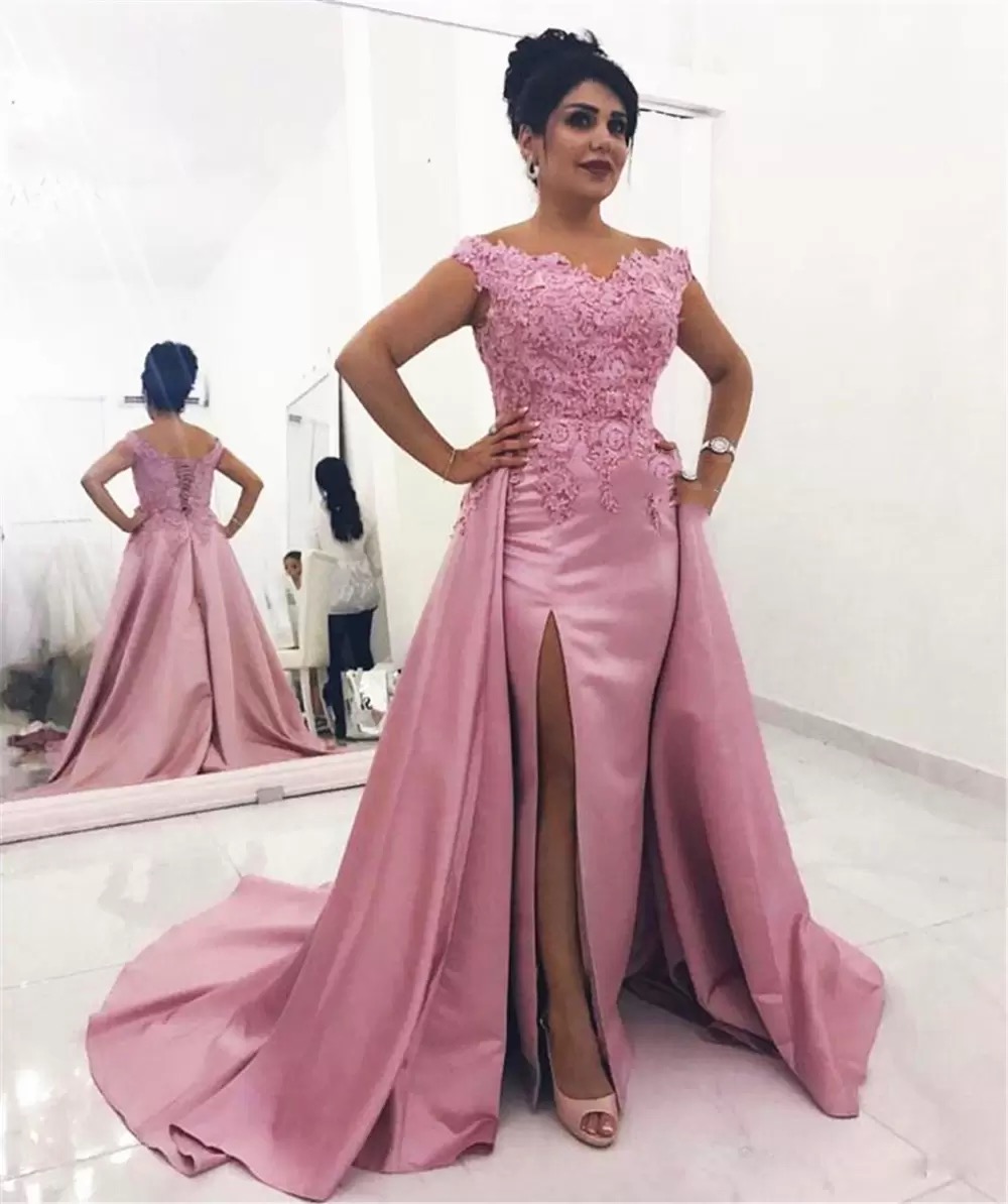 Elegant Pink Mother Of The Bride Dresses With Detachable Skirt Side Slit Long Evening Gowns Lace Appliques Plus Size Wedding Party Dress Lace Applique