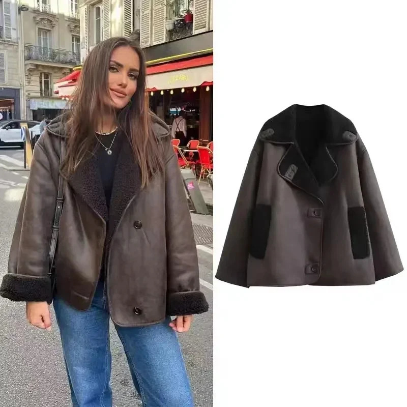2024 Woman Thick Faux Leather Jackets For Women Autumn Winter Warm Wool Blends Coats DemiSeason Plush Jacket Outerwear Female 241115