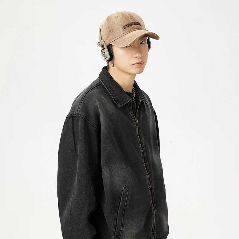 Mens denim jacket retro washed lapel jacket autumn fashionable loose denim jacket zipper n pilot workwear jacket 241115