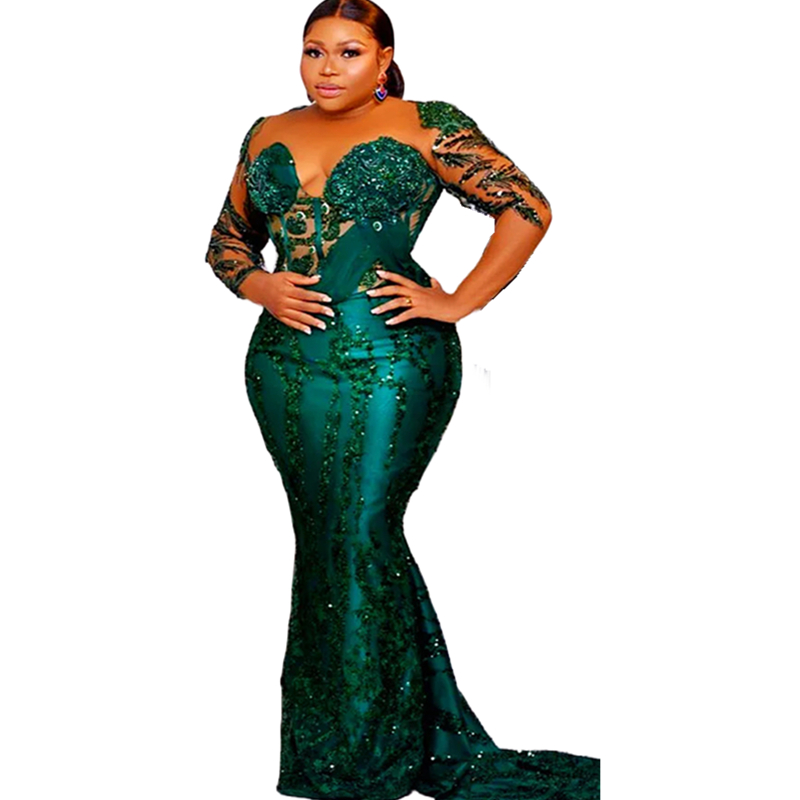 Elegant Mermaid Emerald Green Evening Dresses 2024 Sequins Beaded Long Sleeves Glitter Prom Dress Satin Long Mother Of The Bride Dress Women Formal We