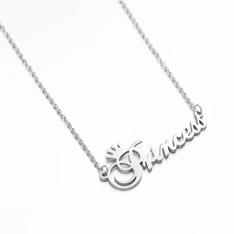 10PCS Cute Cursive Letter Crown Princess Necklace for Babygirls Script Dear Little Princess Stainless Steel Clavicle Choker for Women Female Girl Chai
